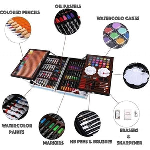 Détail des compartiments : crayons de couleur, pastels à l'huile, aquarelle, feutres, pinceaux, gomme et taille-crayon