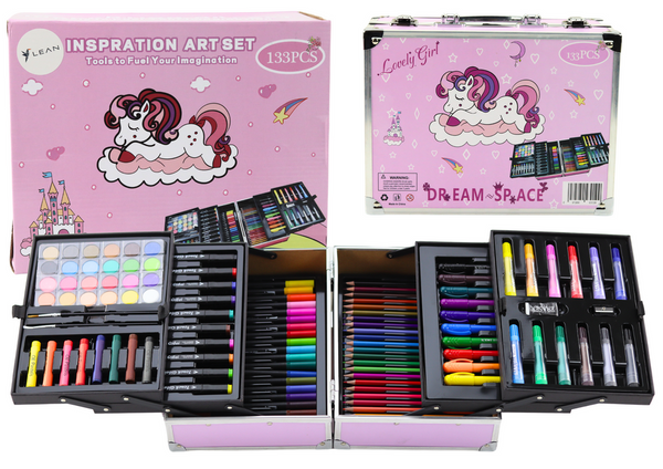 Mallette d'art licorne 133 pièces : valise dépliante avec feutres, crayons, pastels et peintures, dès 3 ans