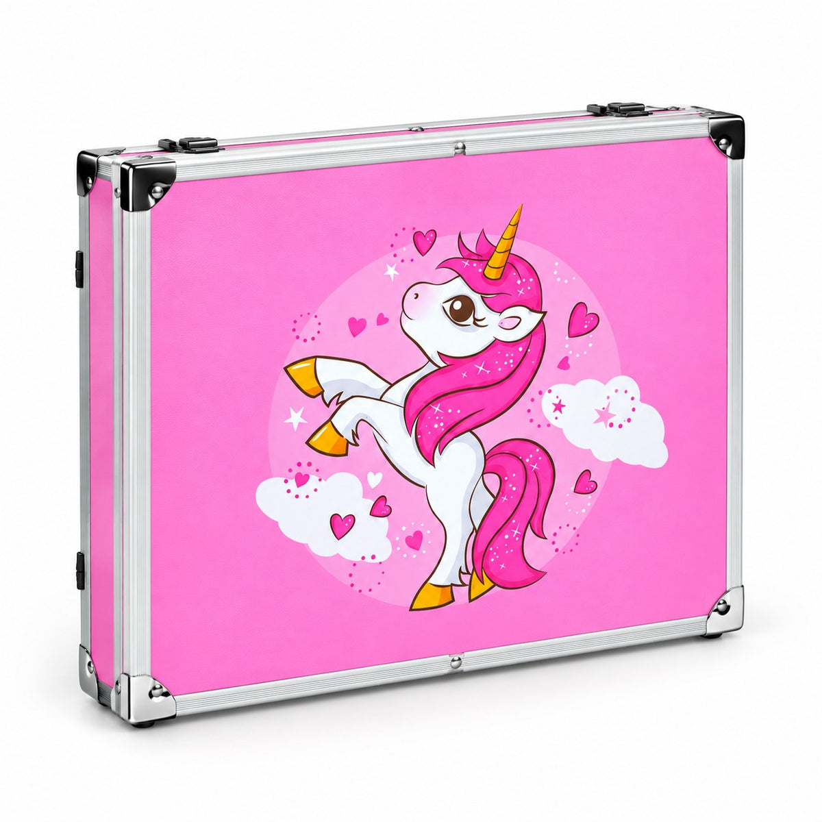 Mallette d'art licorne rose fermée, boîtier aluminium à coins renforcés