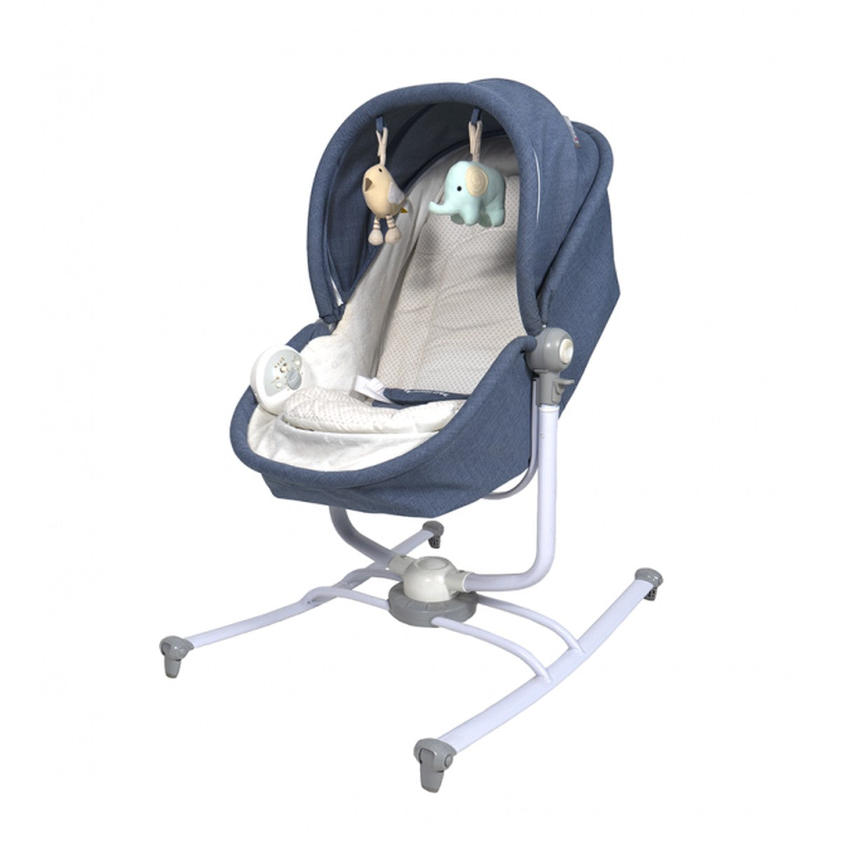 Transat couffin 2 en 1 Mamalove bleu chiné sur socle à bascule, avec auvent, jouets suspendus et boîtier musical à vibrations