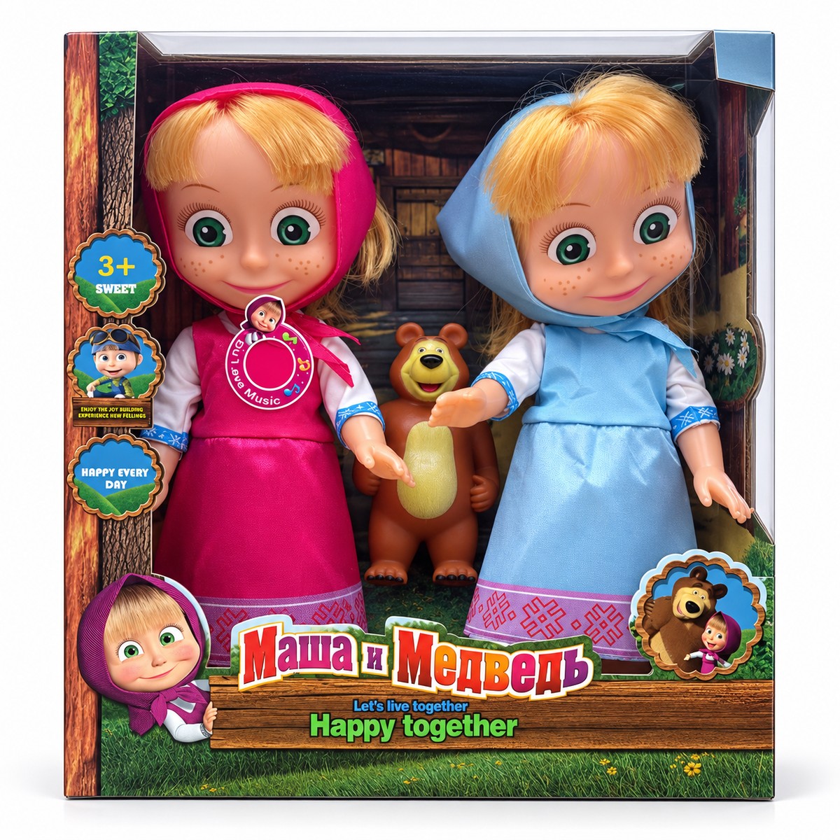 Coffret Macha et Michka : poupée en robe fuchsia, poupée en robe bleu ciel et figurine d'ours