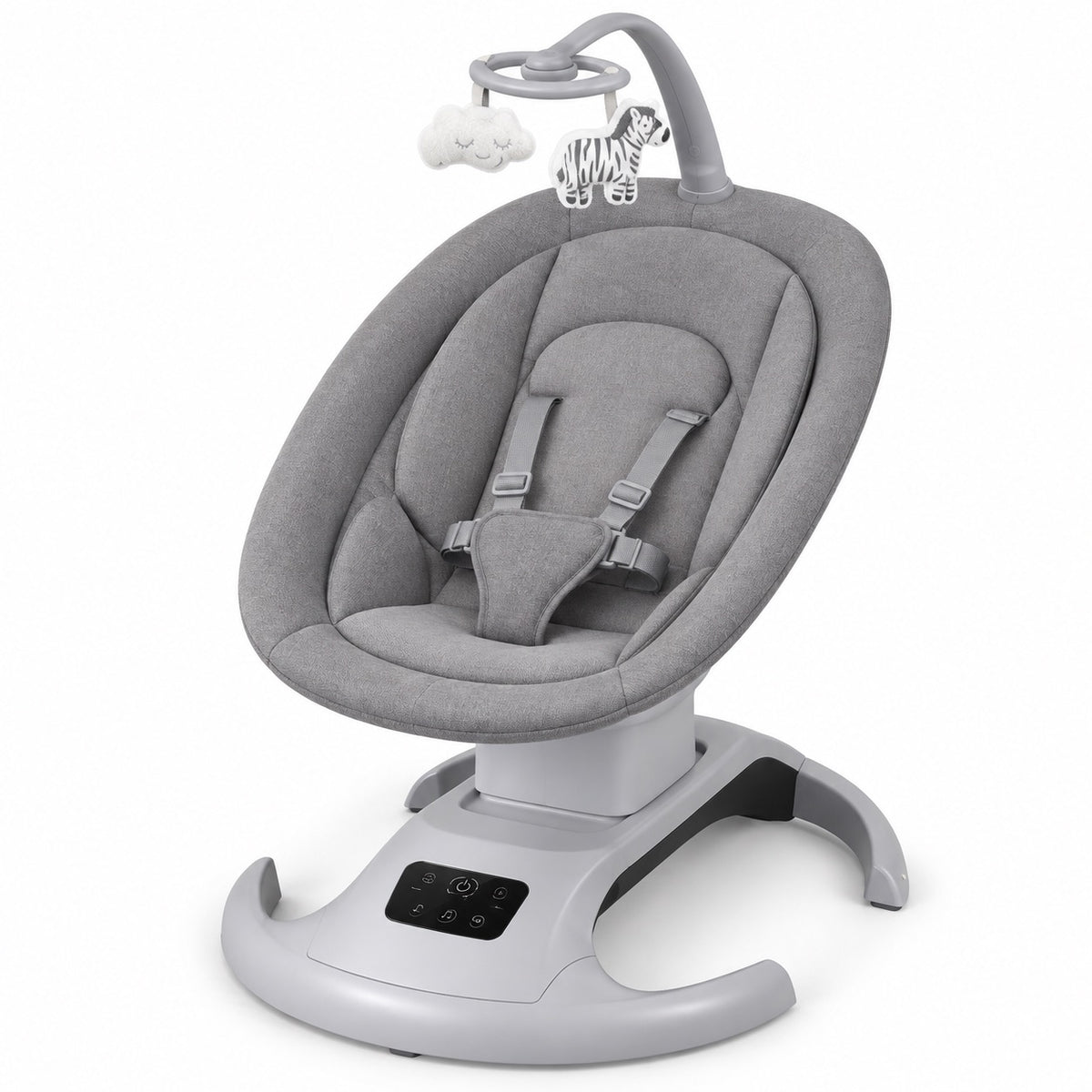 Balancelle électrique Mastela Lullaby Orbit grise, arche de jeux avec nuage et zèbre, panneau tactile sur la base