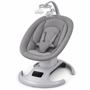 Balancelle électrique Mastela Lullaby Orbit grise, arche de jeux avec nuage et zèbre, panneau tactile sur la base