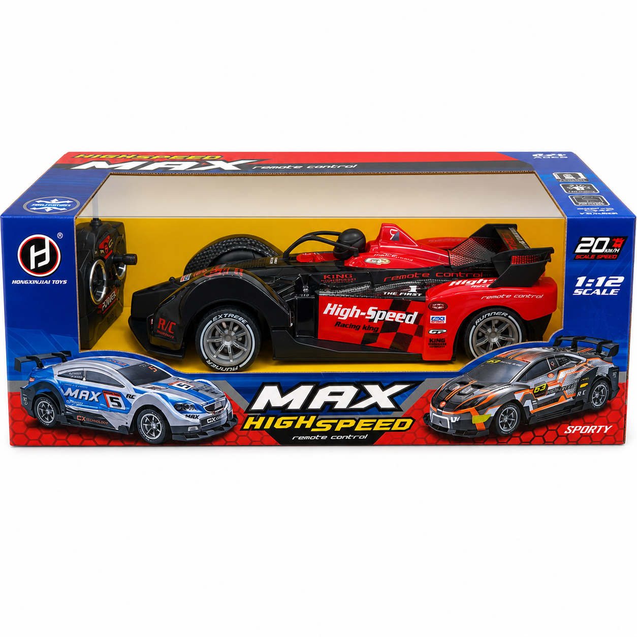 Boîte MAX High-Speed : voiture de course radiocommandée échelle 1:12, 20 km/h, avec télécommande à volant