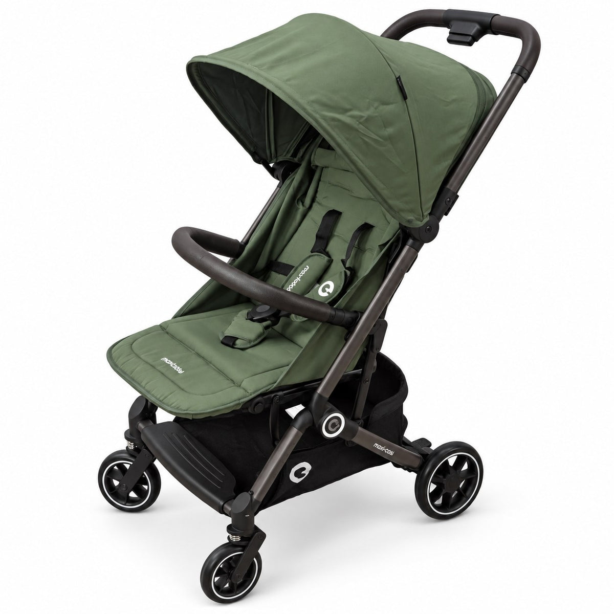Poussette compacte Maxi-Cosi vert olive à châssis anthracite, arceau de sécurité gainé, capote extensible et panier de rangement