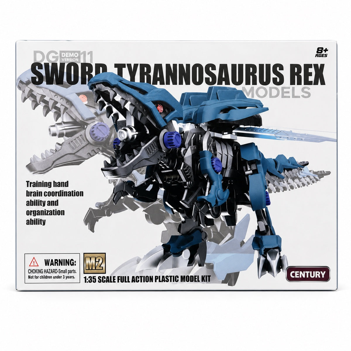 Boîte de la maquette Sword Tyrannosaurus Rex CENTURY : T-Rex mécanique bleu et gris à assembler, échelle 1:35, dès 8 ans