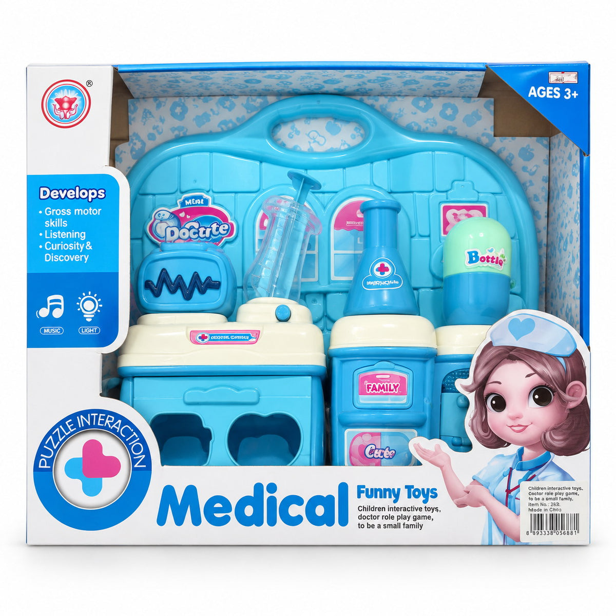 Boîte Medical Funny Toys : mallette de docteur bleue avec seringue, moniteur cardiaque et flacons, musique et lumière, dès 3 ans