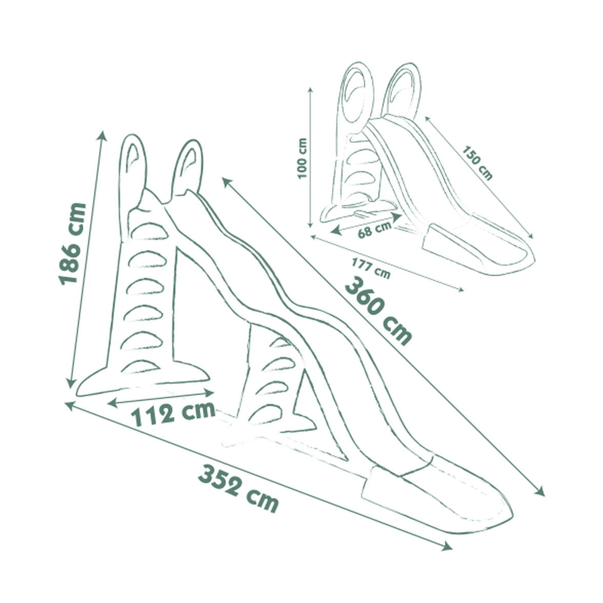 Dimensions du Smoby Super Megagliss : 352 × 112 × 186 cm en grand format, 177 × 68 × 100 cm en petit format