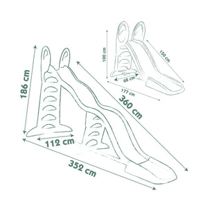 Dimensions du Smoby Super Megagliss : 352 × 112 × 186 cm en grand format, 177 × 68 × 100 cm en petit format