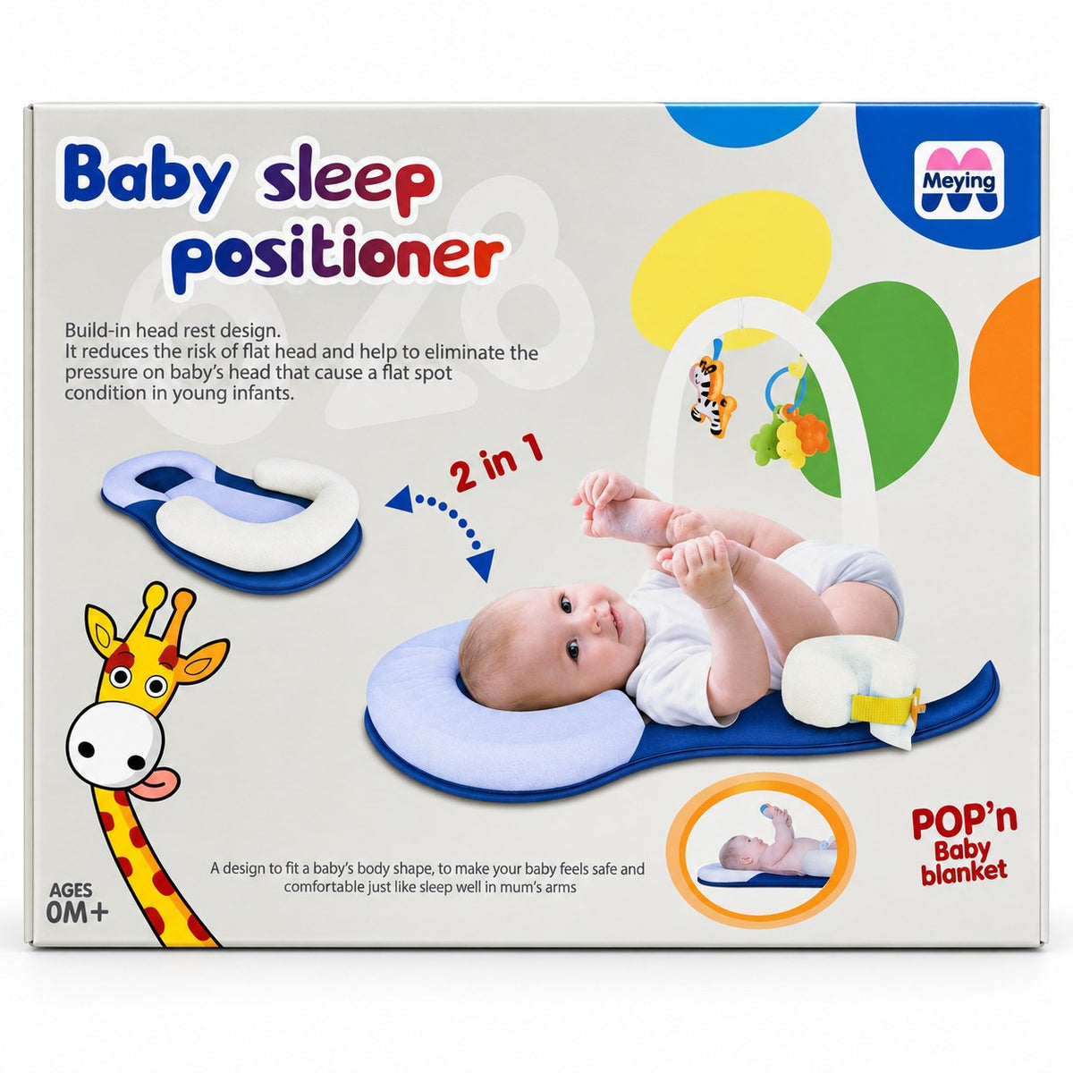 Boîte du cale-bébé MEYING Baby Sleep Positioner bleu montrant les deux usages et l'arche de jeu, dès 0 mois