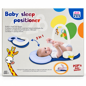 Boîte du cale-bébé MEYING Baby Sleep Positioner bleu montrant les deux usages et l'arche de jeu, dès 0 mois