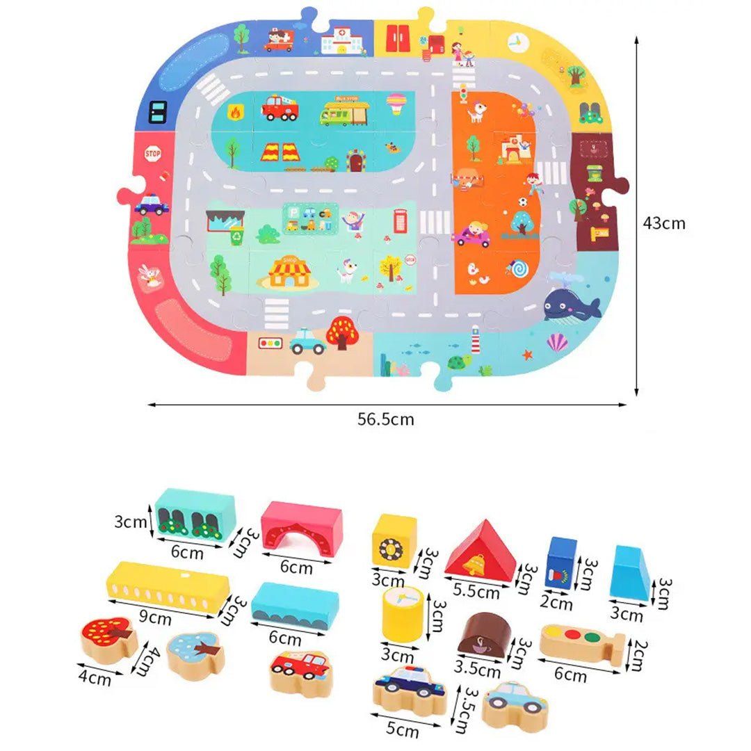 Dimensions du tapis de jeu Mideer 56,5 x 43 cm et taille des blocs en bois