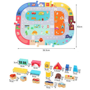 Dimensions du tapis de jeu Mideer 56,5 x 43 cm et taille des blocs en bois