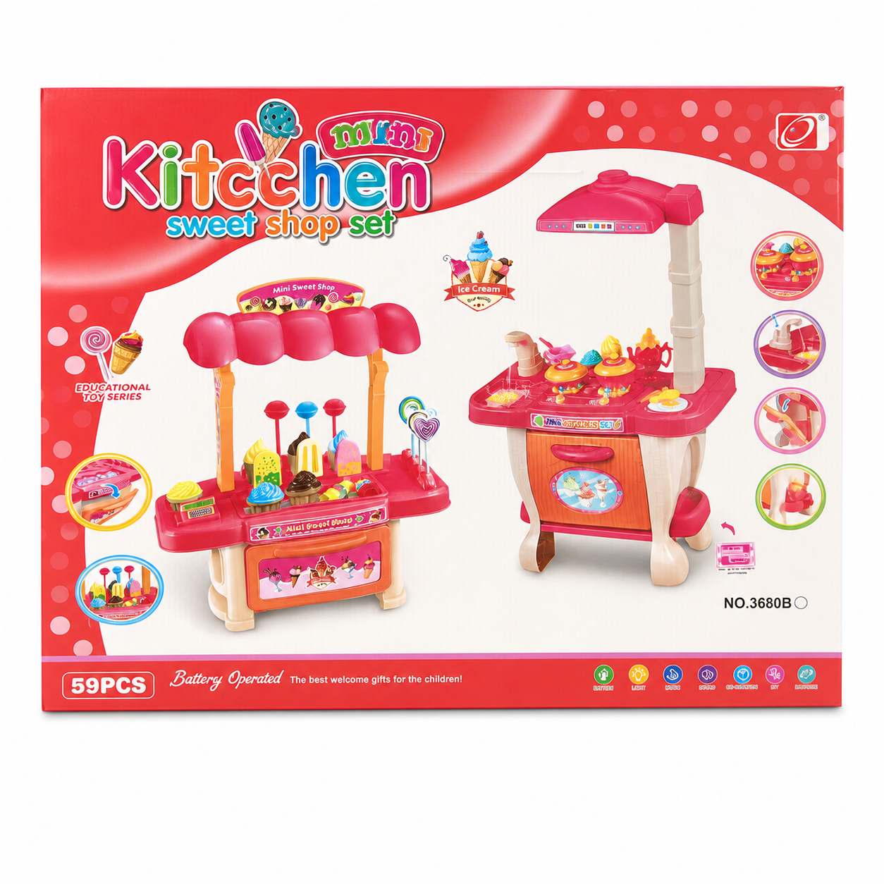 Boîte Mini Kitchen Sweet Shop : cuisine et boutique à glaces 2 en 1, 59 pièces avec lumières et musique, dès 3 ans