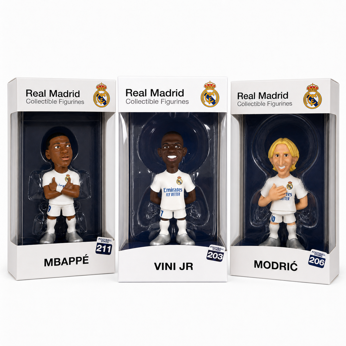 Figurines Minix Real Madrid 12 cm en boîte vitrine : Mbappé, Vinicius Jr et Modric