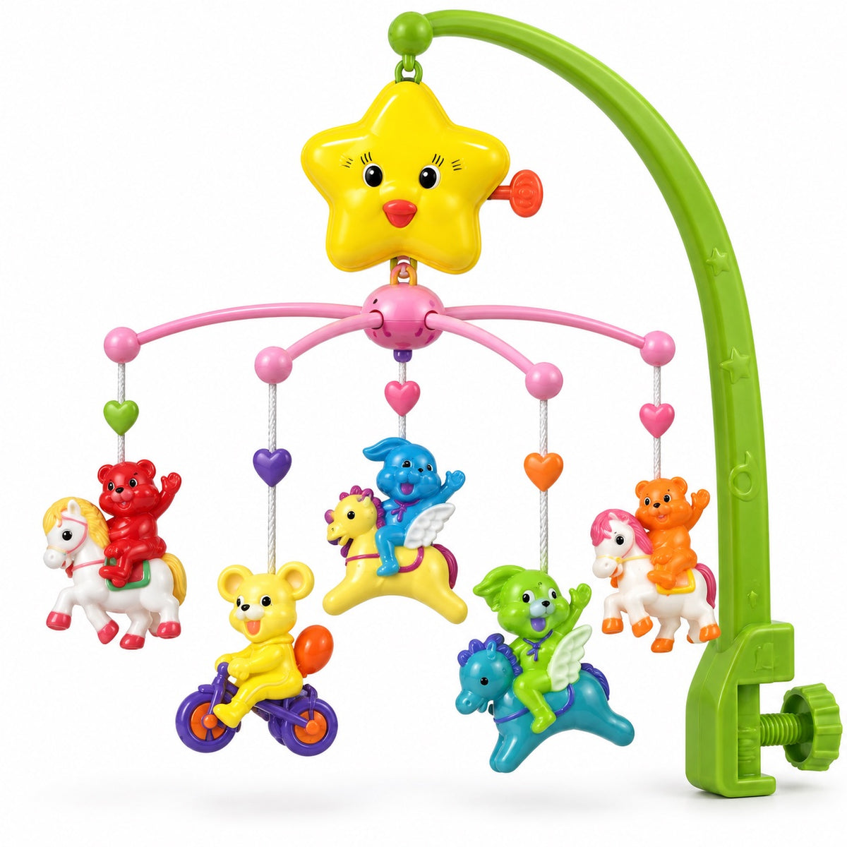 Mobile musical Sweet Cuddles monté – étoile à remontoir, 5 figurines animaux et bras de fixation vert