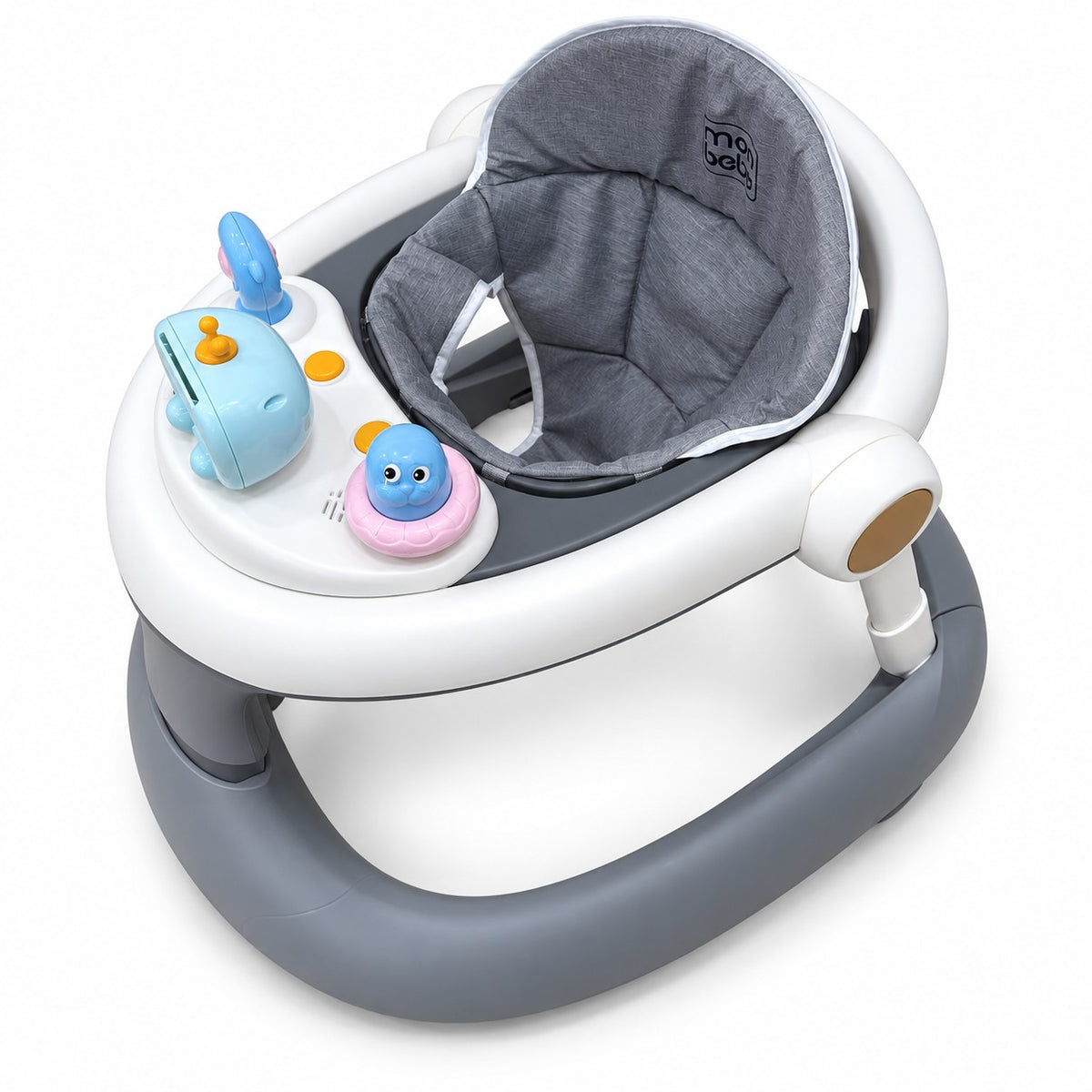 Trotteur bébé gris et blanc mon beba vu de dessus : siège rembourré gris chiné et plateau d'activités avec jouets