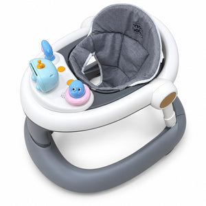 Trotteur bébé gris et blanc mon beba vu de dessus : siège rembourré gris chiné et plateau d'activités avec jouets