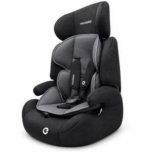 Siège auto monbébé noir et gris de trois quarts : dossier haut, ailes latérales et assise rehausseur