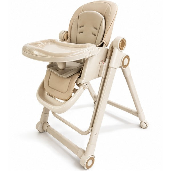 Chaise haute MonBébé beige BHC-200 : double plateau amovible, dossier inclinable, repose-pieds et roulettes