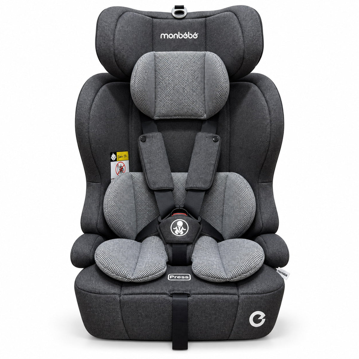 Siège auto monbébé CS55 gris anthracite vu de face : dossier haut, appuie-tête réglable, harnais 5 points à coussinets et réducteur