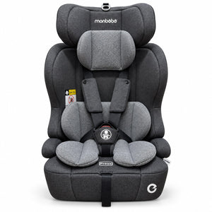 Siège auto monbébé CS55 gris anthracite vu de face : dossier haut, appuie-tête réglable, harnais 5 points à coussinets et réducteur
