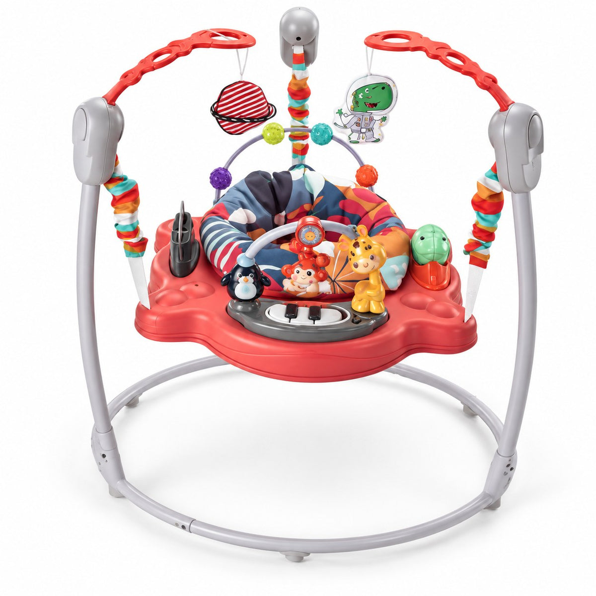 Sauteur monbébé Infant-to-Toddler corail : siège pivotant, plateau à piano lumineux, girafe, singe, pingouin et tortue, arches à jouets oscillants