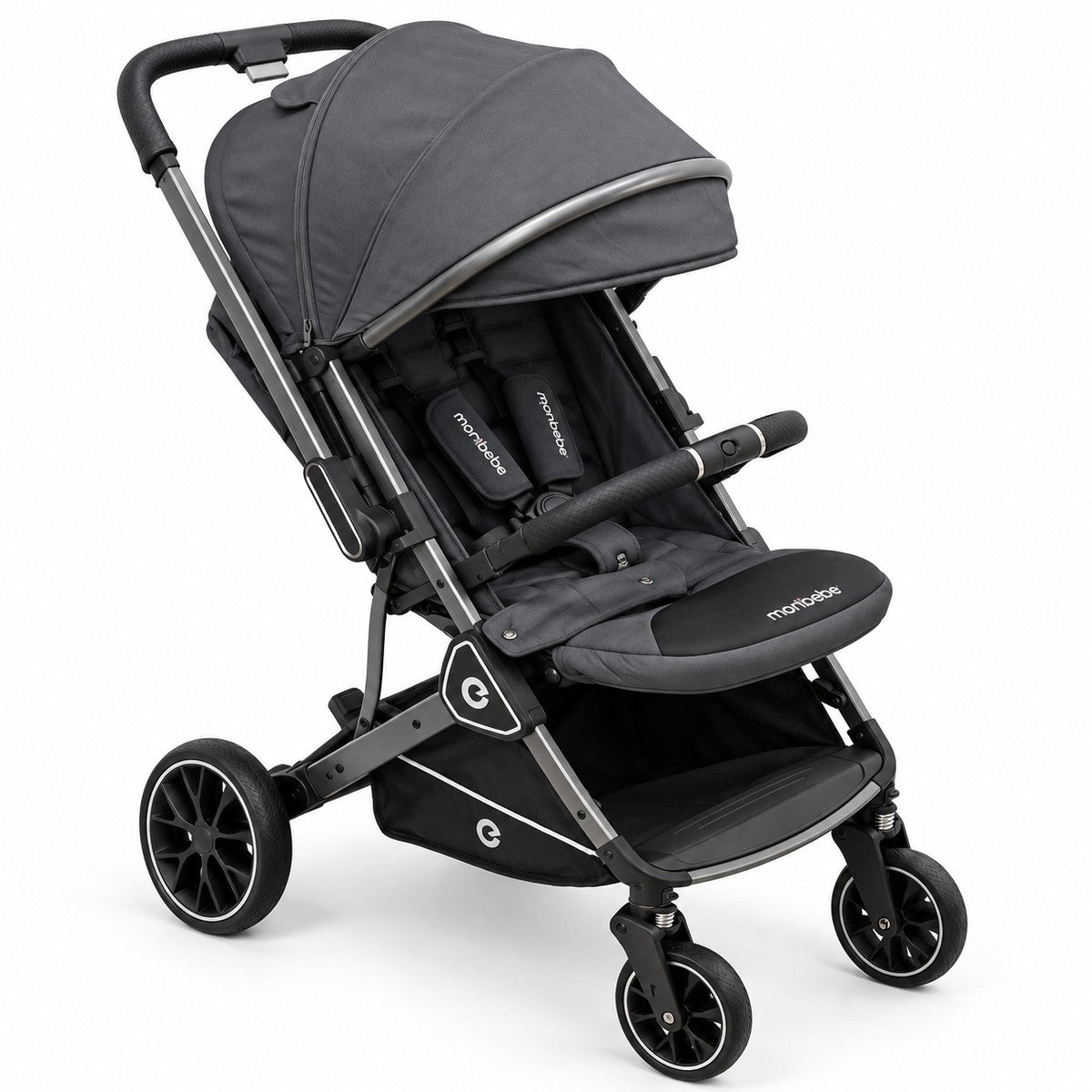 Poussette monbébé anthracite à châssis graphite, suspensions à ressort et capote zippée