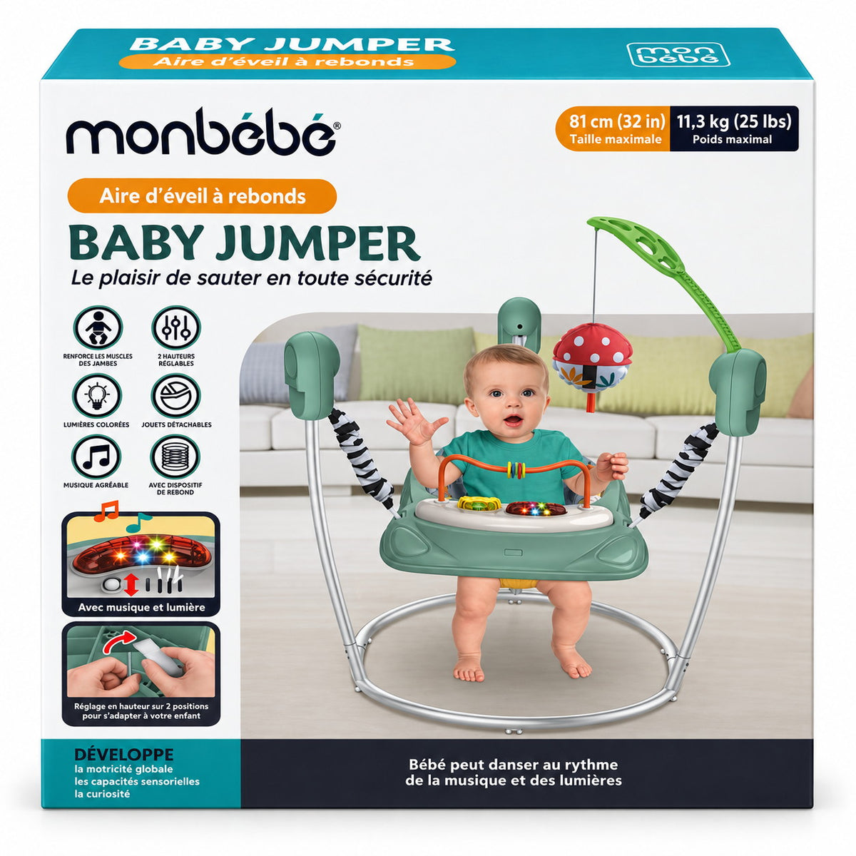 Boîte monbébé Baby Jumper en français : 81 cm et 11,3 kg maximum, 2 hauteurs réglables