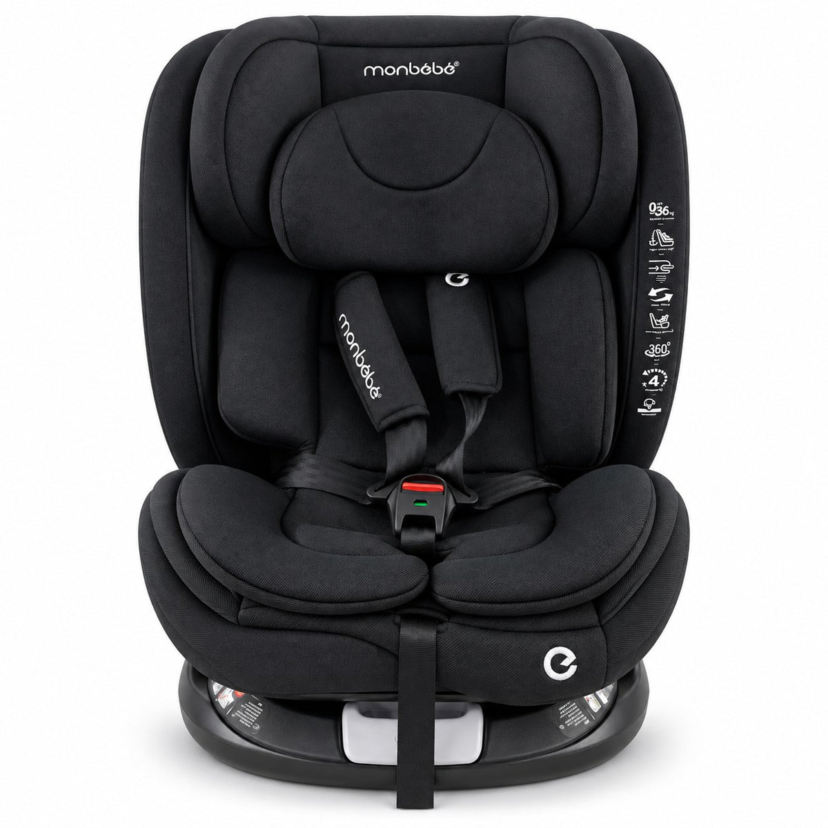 Siège auto monbébé Isofix rotatif 360° noir vu de face, bandeau de pictogrammes 0-36 kg et 360°