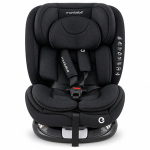 Siège auto monbébé Isofix rotatif 360° noir vu de face, bandeau de pictogrammes 0-36 kg et 360°