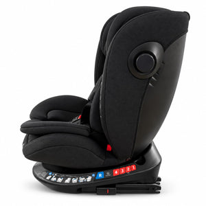 Siège auto monbébé de profil : molette de rotation 360°, bras Isofix et repères d'inclinaison R, 4, 3, 2, 1