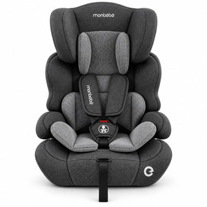 Siège auto monbébé anthracite vu de face : harnais 5 points, plastron rembourré et réducteurs gris