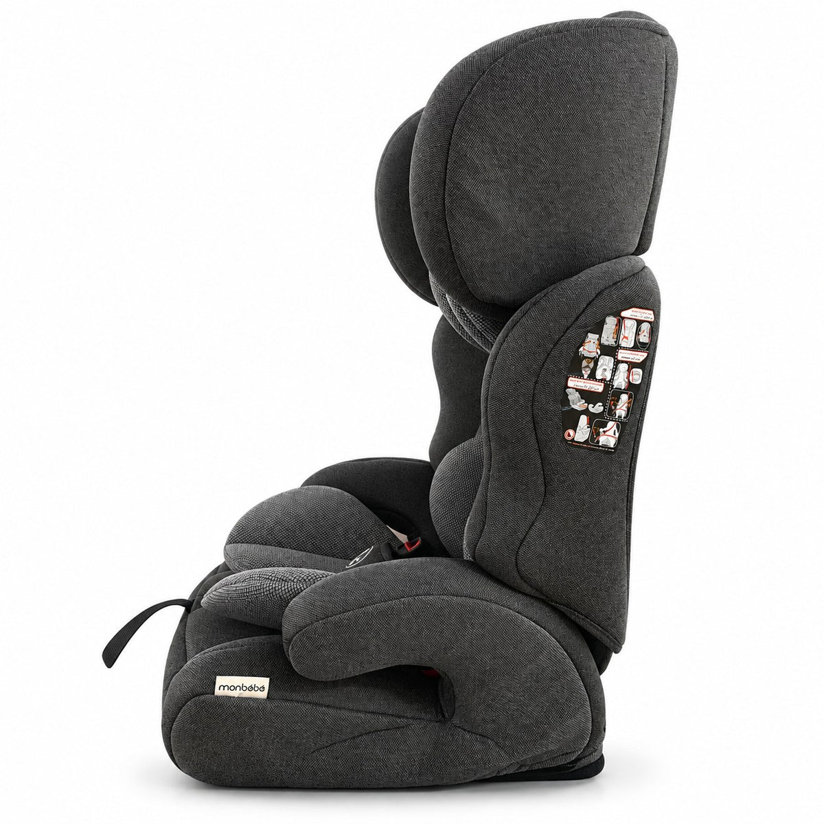 Siège auto monbébé anthracite de profil, appuie-tête relevé et schéma d'installation sur le flanc