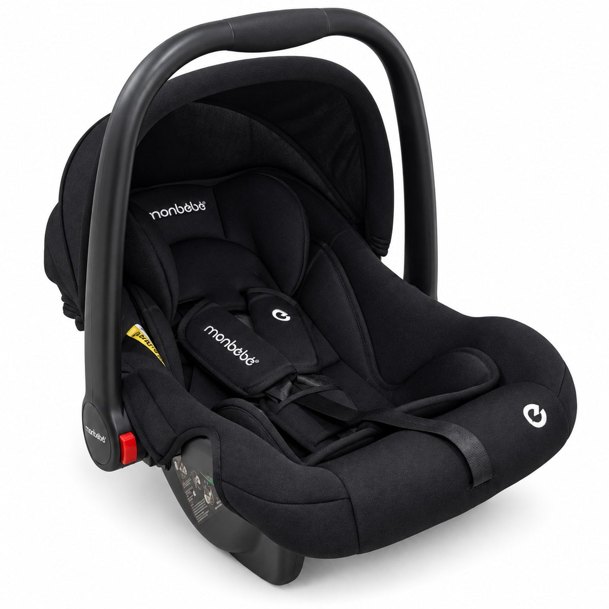 Siège auto coque monbébé noir groupe 0+ avec harnais 3 points rembourré, réducteur nouveau-né, canopée pare-soleil et anse de transport