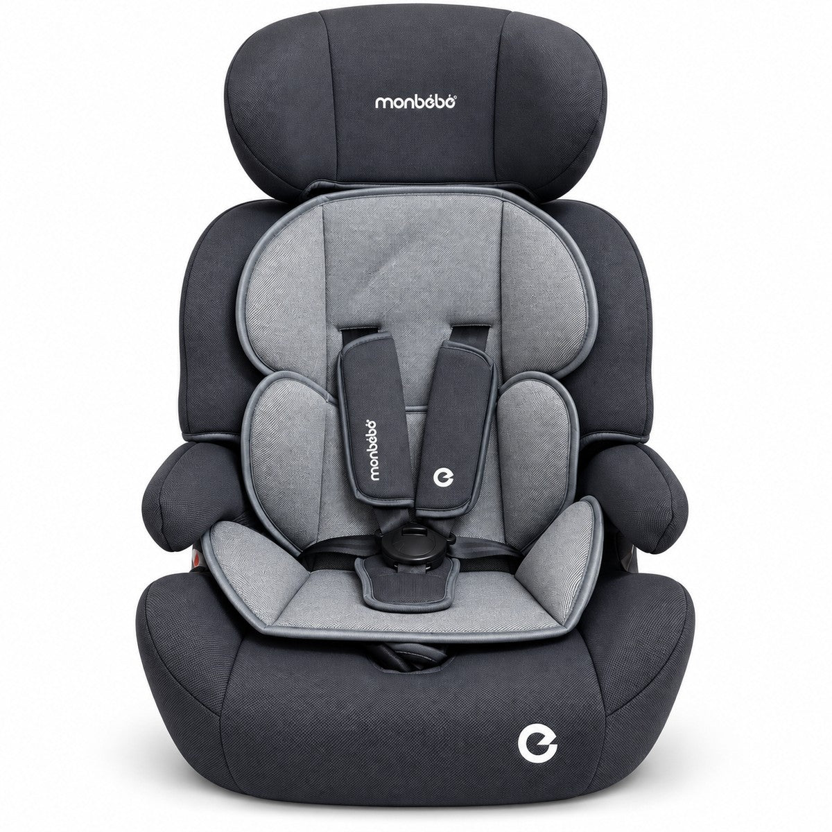 Siège auto monbébé gris anthracite vu de face : harnais 5 points rembourré, appuie-tête réglable et réducteur d'assise