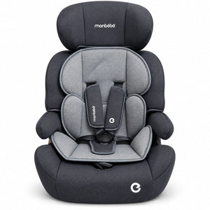 Siège auto monbébé gris anthracite vu de face : harnais 5 points rembourré, appuie-tête réglable et réducteur d'assise