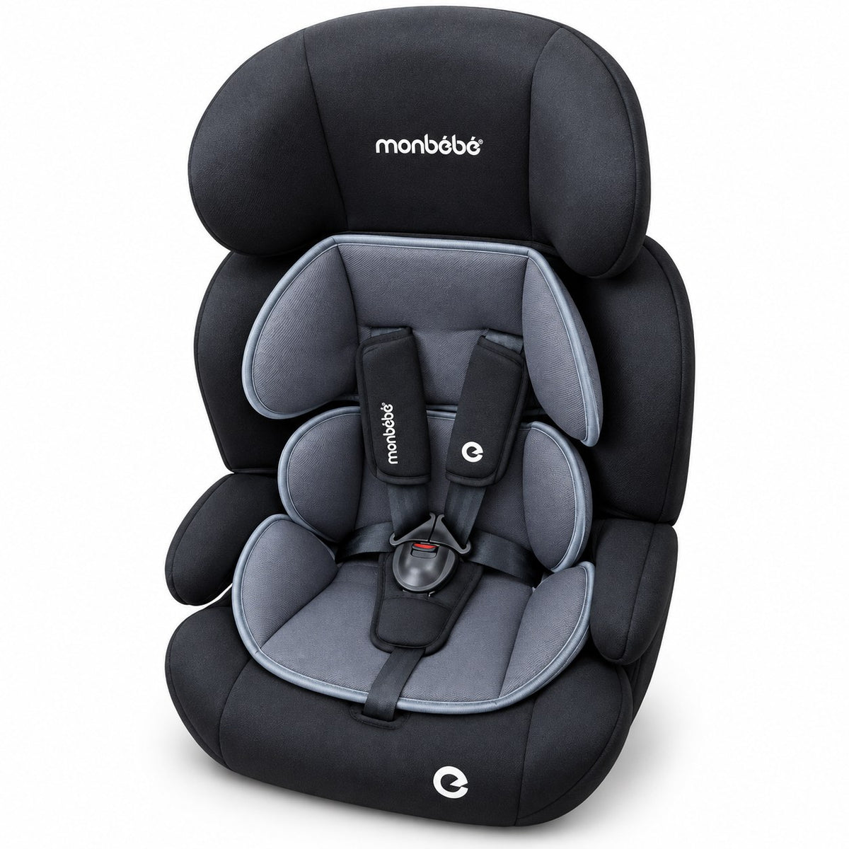 Siège auto monbébé noir et gris vu de face, harnais 5 points et appuie-tête