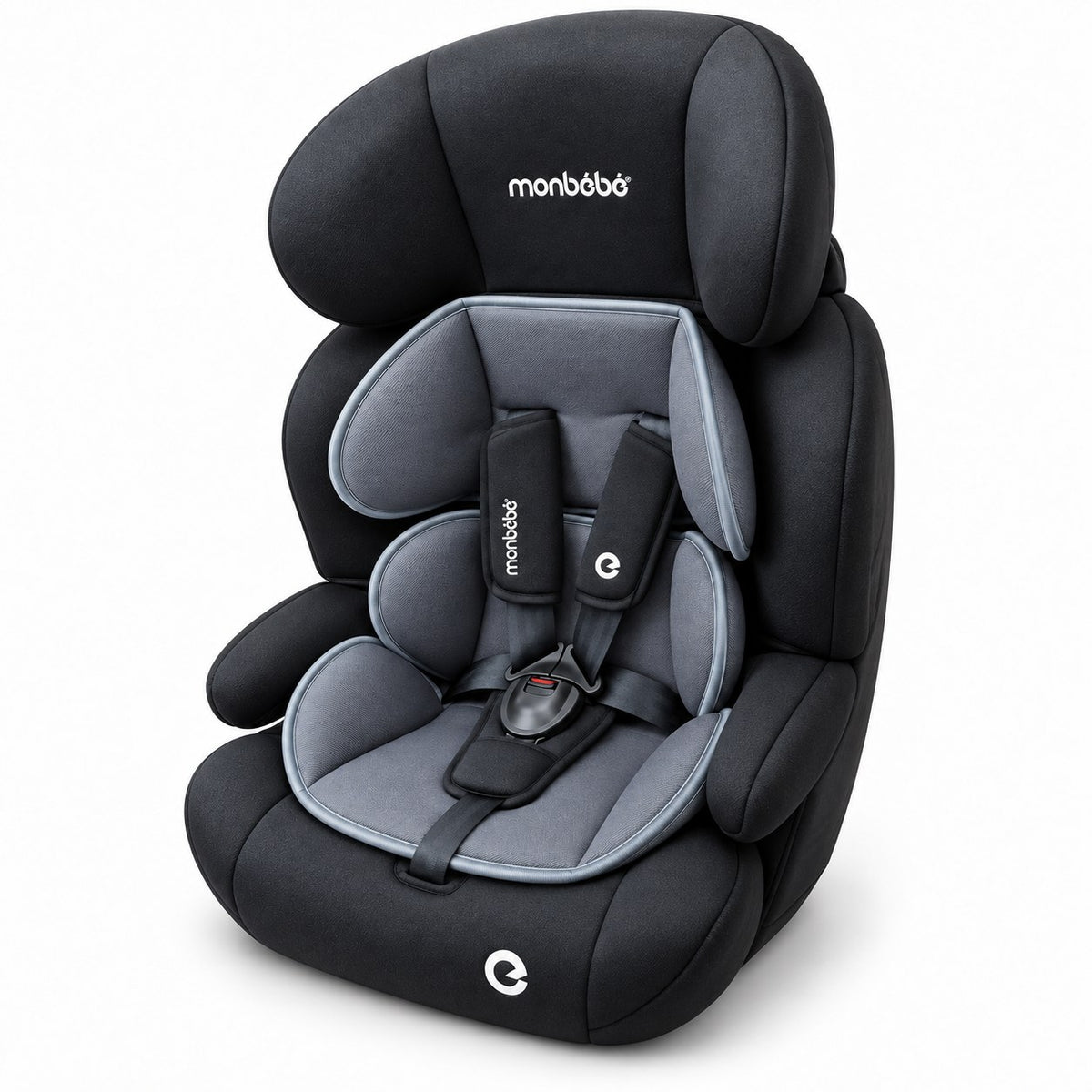 Siège auto monbébé noir et gris de trois quarts, appuie-tête relevé et ailes latérales
