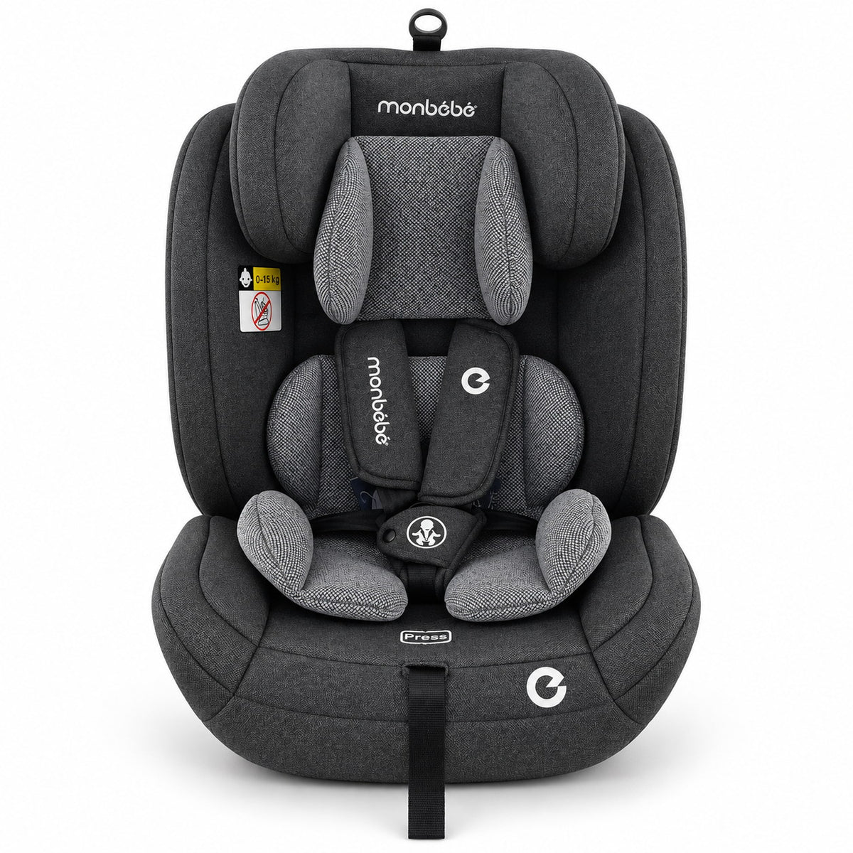 Siège auto monbébé gris anthracite vu de face : harnais 5 points à coussinets, réducteur gris clair et étiquette 0-15 kg