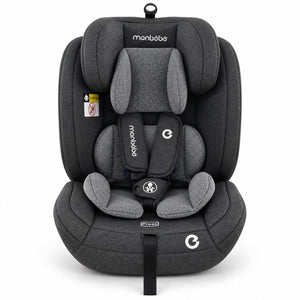 Siège auto monbébé gris anthracite vu de face : harnais 5 points à coussinets, réducteur gris clair et étiquette 0-15 kg