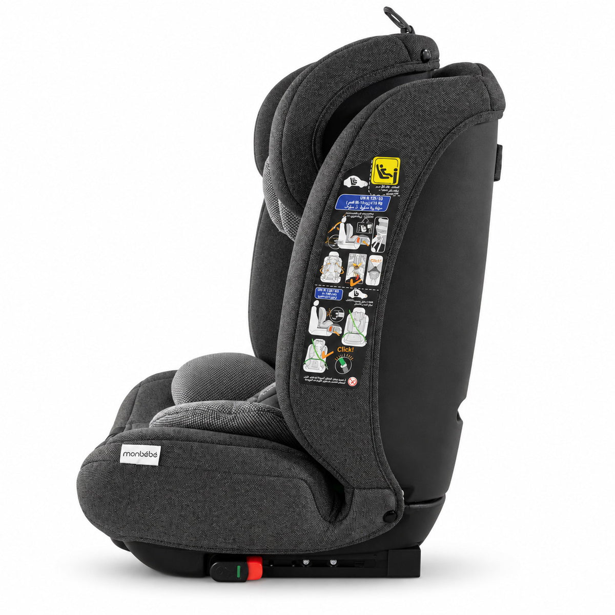 Siège auto monbébé gris de profil : bras Isofix à témoin, sangle top tether et schéma d'installation