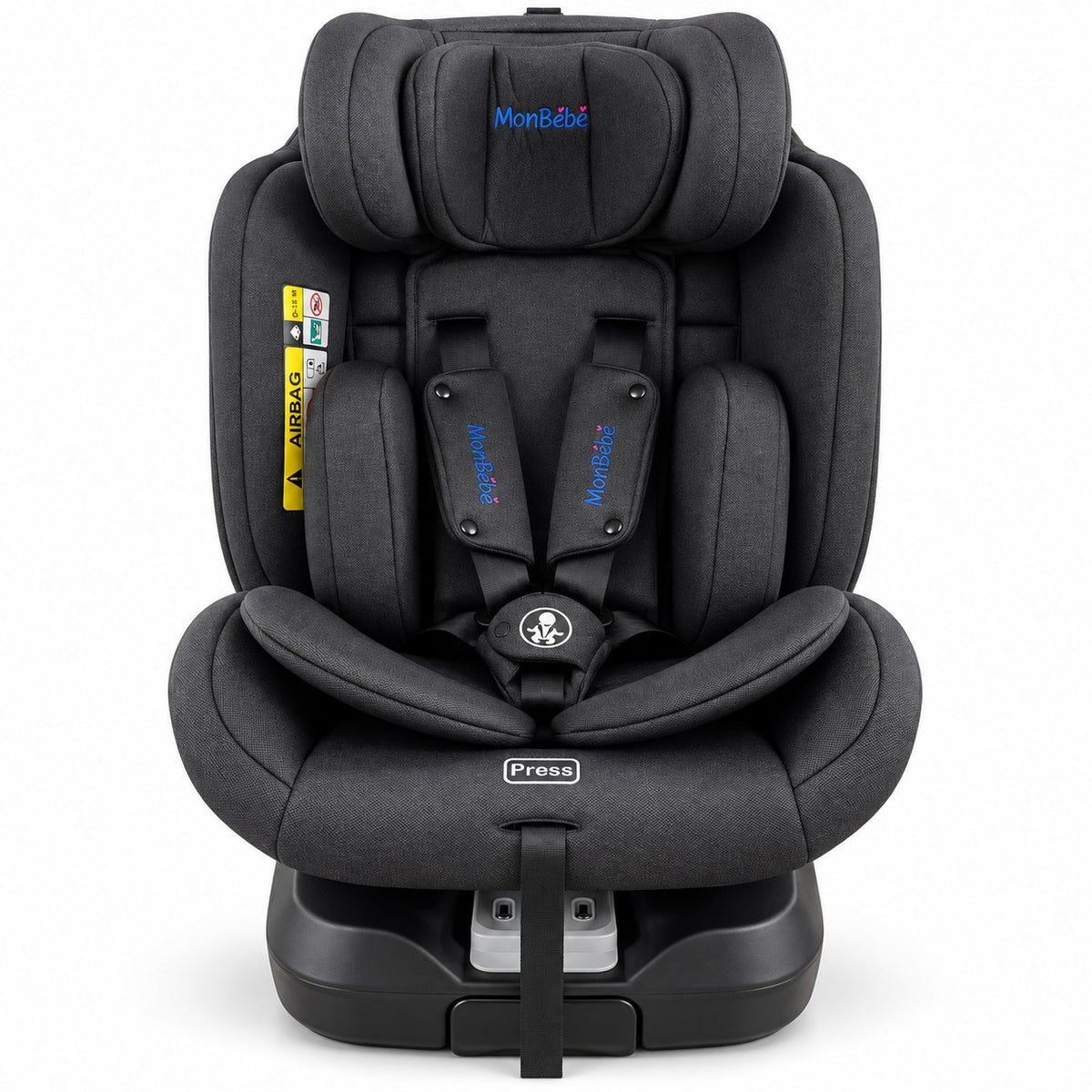 Siège auto MonBébé Isofix rotatif 360° noir vu de face : harnais 5 points, connecteurs Isofix et étiquette airbag