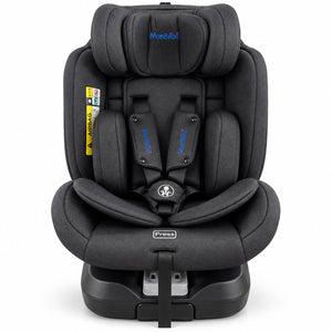 Siège auto MonBébé Isofix rotatif 360° noir vu de face : harnais 5 points, connecteurs Isofix et étiquette airbag