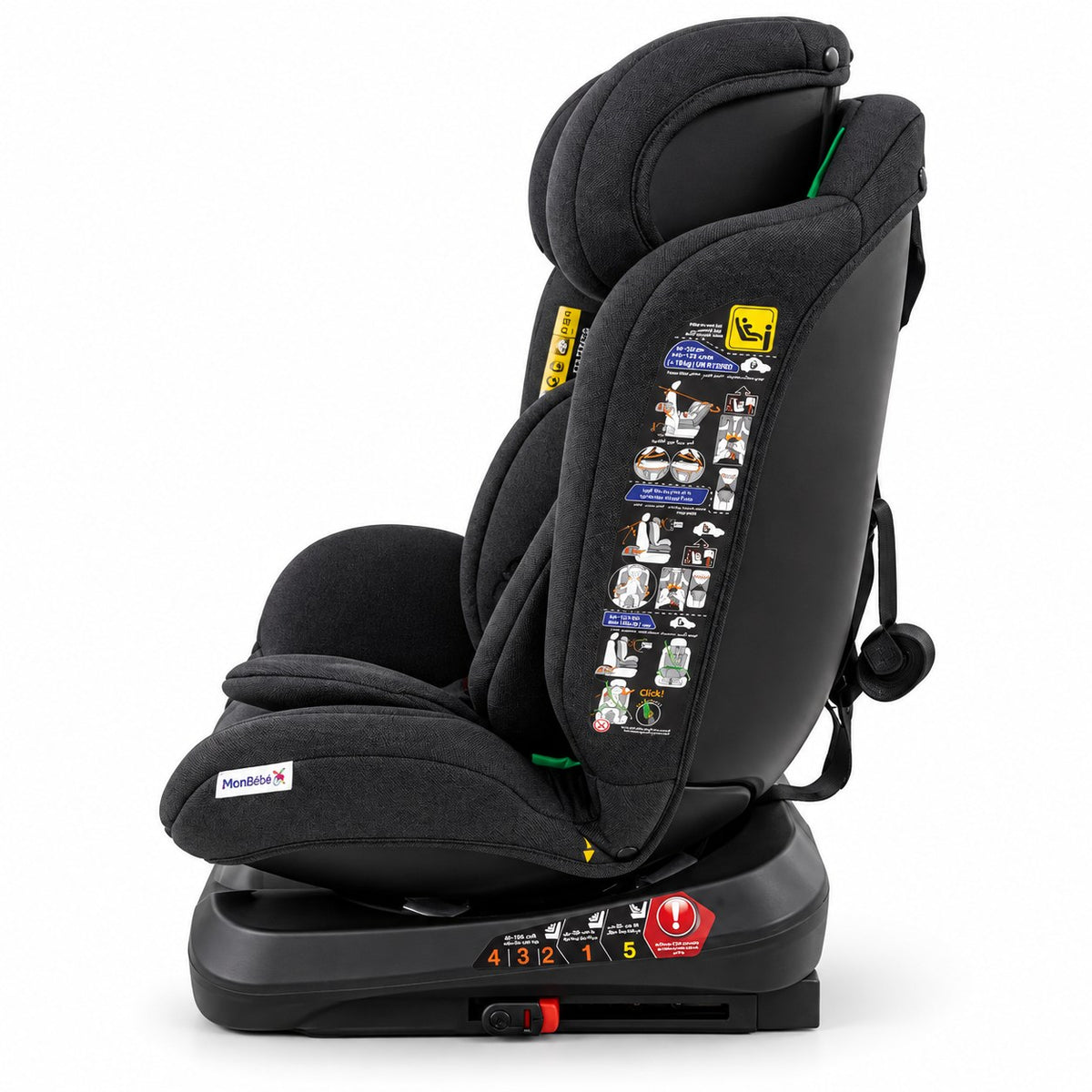 Siège auto MonBébé Isofix rotatif 360° de profil : sangle top tether, repères d'inclinaison 1 à 5 et schéma d'installation