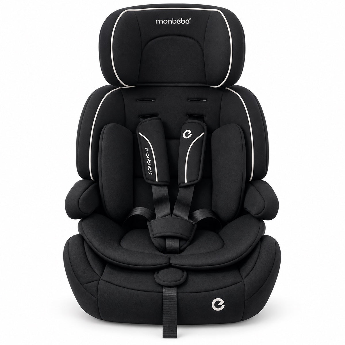 Siège auto évolutif monbébé noir à liseré blanc vu de face, harnais 5 points rembourré et appuie-tête réglable