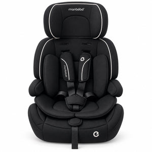 Siège auto évolutif monbébé noir à liseré blanc vu de face, harnais 5 points rembourré et appuie-tête réglable