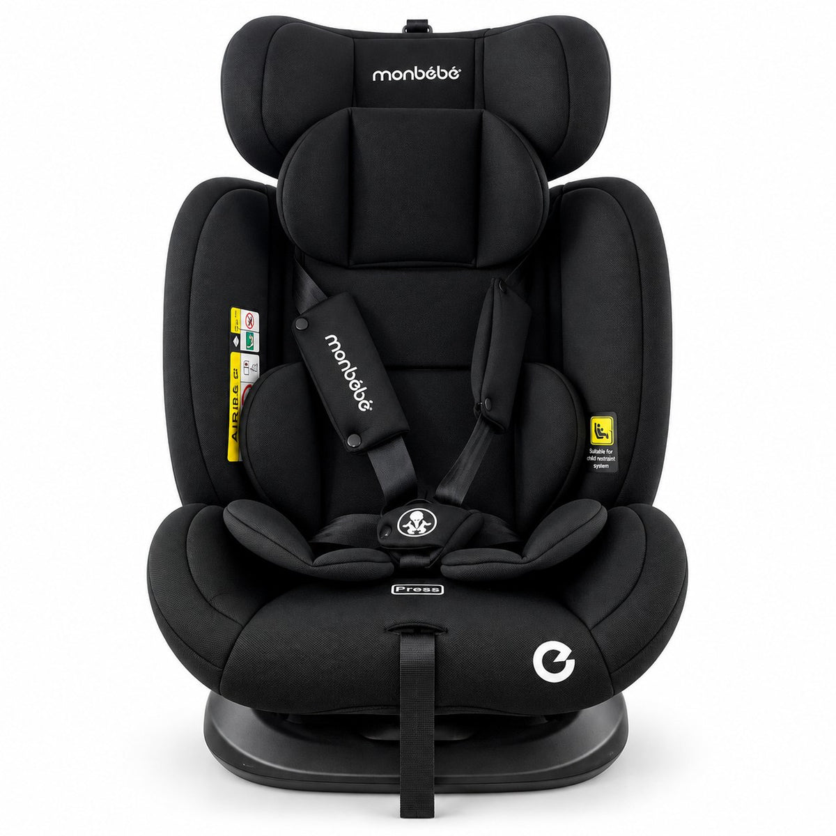 Siège auto monbébé rotatif noir vu de face : harnais 5 points, étiquette airbag et marquage installation à la ceinture