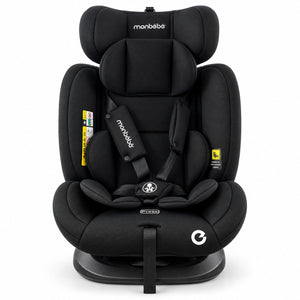 Siège auto monbébé rotatif noir vu de face : harnais 5 points, étiquette airbag et marquage installation à la ceinture