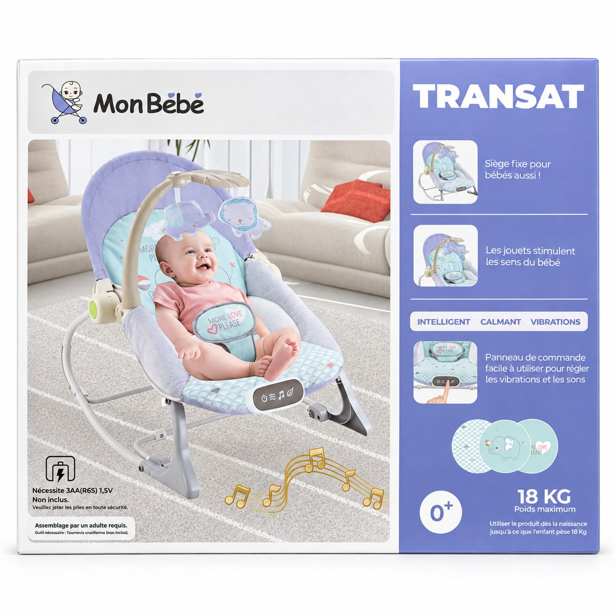 Boîte française du transat Mon Bébé : siège fixe, vibrations, 0+ et 18 kg maximum
